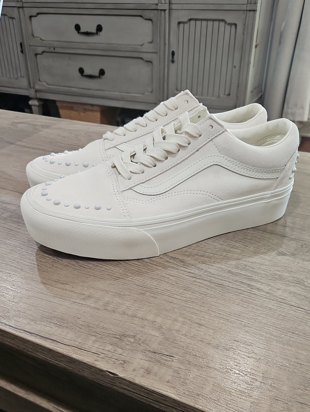 Old Skool Platform Lifestyle, Original Icon Platform white w/ faux pearls 10